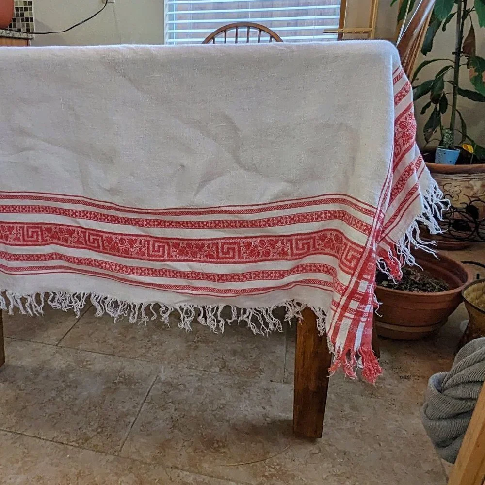 White & Red Linen Fringe Vintage Tablecloth